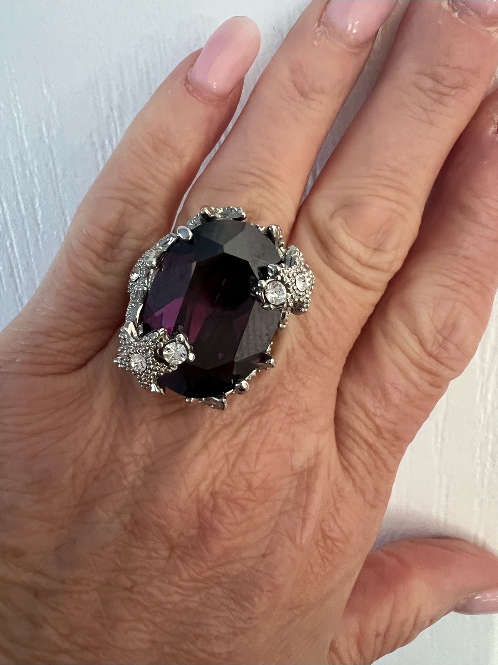 Vintage-Inspired Silver Cocktail Ring Amethyst Purple Stone